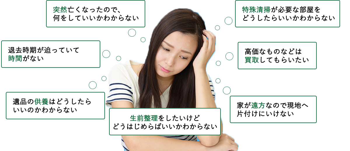 ・突然亡くなったので、何をしていいかわからない・退去時期が迫っていて時間がない・遺品の供養はどうしたらいいのかわからない